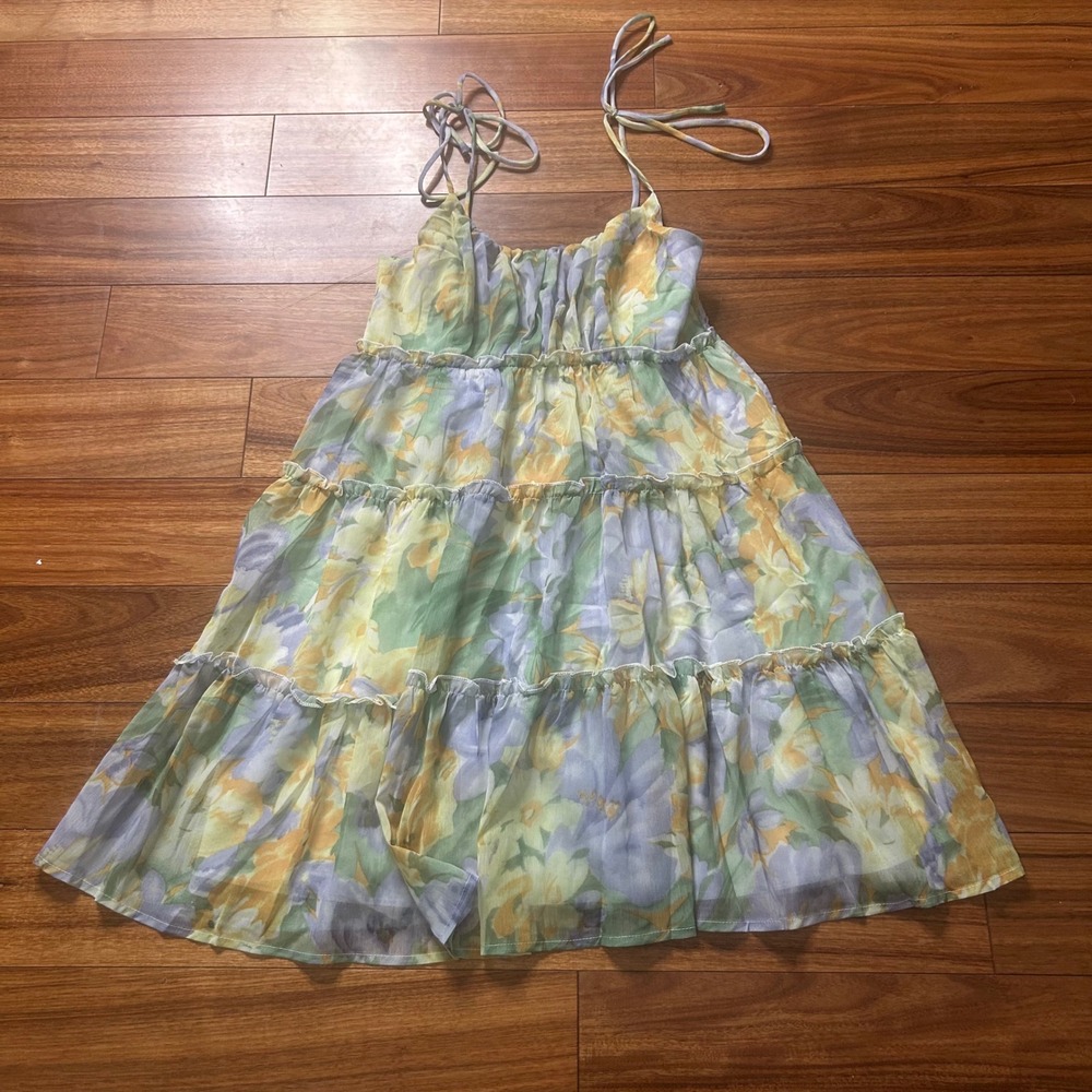 Mansy‎ Floral Print Dress Tie Strap Tiered Mini Sundress Summer Dress